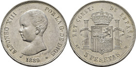 ALFONSO XIII. Madrid. 5 pesetas. 1889*18-89. MPM. SC-/SC. Soberbio. Rara