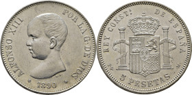 ALFONSO XIII. Madrid. 5 pesetas. 1890*18-90. PGM. Casi SC-/casi SC. Muy buen ejemplar. Atractivo brillo