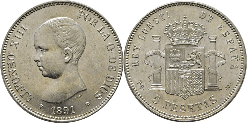 ALFONSO XIII. Madrid. 5 pesetas. 1891*18-91. PGM. Cy17638. Mínimas marquitas de ...