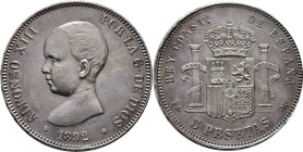 ALFONSO XIII. Madrid. 5 pesetas. 1892*18-92. PGM. EBC/EBC+