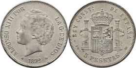 ALFONSO XIII. Madrid. 5 pesetas. 1892*18-92. PGM. SC-/SC. Bellísima. Muy escasa