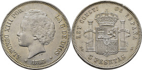 ALFONSO XIII. Madrid. 5 pesetas. 1893*18-93. PGV. EBC+. Atraciva. Escasa