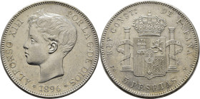ALFONSO XIII. Madrid. 5 pesetas. 1896*18-96. PGV. EBC. Atractiva