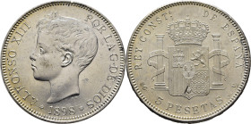 ALFONSO XIII. Madrid. 5 pesetas. 1898*18-98. SGV. SC. Atractiva. Llamativo brillo. Escasa