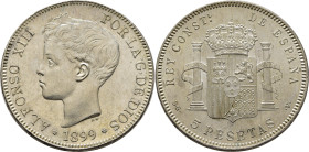 ALFONSO XIII. Madrid. 5 pesetas. 1899*18-99. SGV. SC-/SC. Estupenda con aspecto casi prooflike. Escasa