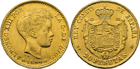 ALFONSO XIII. Madrid. 20 pesetas. 1899*18-99. MPM. Falsa de época en oro. EBC. Muy interensante