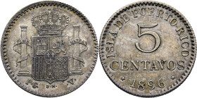 ALFONSO XIII. Madrid isla de Puerto Rico. 5 centavos. 1896. Casi SC-/EBC+. Intenso tono acero. Atractivo. Escasa