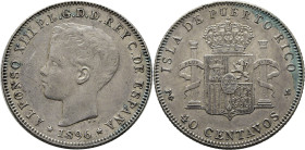 ALFONSO XIII. Madrid. 40 centavos. 1896. PGV. Isla de Puerto Rico. Cierto atractivo. Escasa