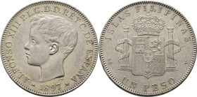 ALFONSO XIII. Islas Filipinas. 1 peso. 1897. SGV. EBC+. Brillo atractivo. Algo escasa