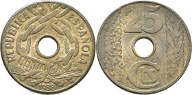 II REPÚBLICA. Castellón y Aspe. 25 céntimos. 1938. Círculo. Prácticamente SC