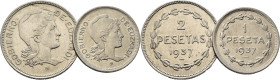 GUERRA CIVIL. Euskadi. Ceca Bélgica. 1 y 2 pesetas. 1937. Lote de 2