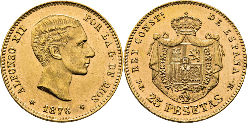 ESTADO ESPAÑOL. ALFONSO XII. Madrid. 25 pesetas. 1876*18-76. DEM. Flores de lis ...