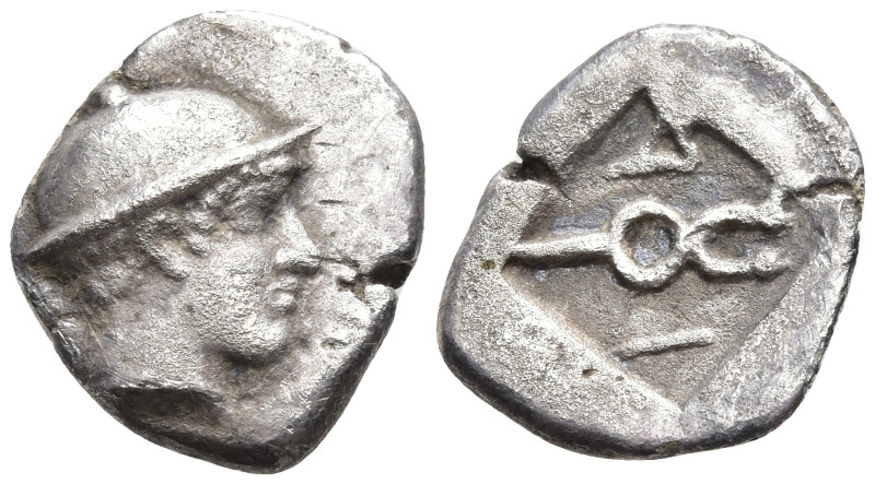 Thrace, Ainos AR Diobol. Circa 464-460 BC. Head of Hermes to right, wearing peta...