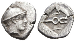 Thrace, Ainos AR Diobol. Circa 464-460 BC. Head of Hermes to right, wearing petasos / Kerykeion flanked by A-I; all within incuse square. May, Ainos 3...