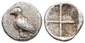 Asia Minor, uncertain mint (Abydos?) AR Hemiobol. 5th century BC. Eagle standing to left / Quadripartite incuse square. Unpublished in the standard re...