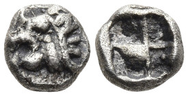 Asia Minor. Uncertain mint. 5th century BC. Tetartemorion silver .0.32g. 5,9mm.Head of a roaring lion to left. Rev. Rough incuse square. Klein -. Rose...