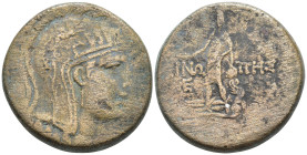 Paphlagonia, Sinope Æ 31mm. Time of Mithradates VI Eupator, circa 105-90 or 90-85 BC. Head of Athena Parthenos to right, wearing crested helmet / Pers...