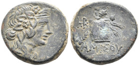 Pontos, Amisos Æ 19mm. Time of Mithradates VI Eupator, circa 120-63 BC. Wreathed head of Dionysos right / Cista mystica with panther-skin; thyrsos wit...