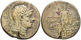 Pontos, Amisos Æ 24mm. Time of Mithradates VI Eupator, circa 85-65 BC. Helmeted head of Athena to right / Perseus standing facing, holding harpa and g...