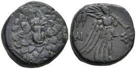 Pontos, Amisos Æ 18mm. Time of Mithradates VI Eupator, circa 111-105 or 95-90 BC. Aegis / Nike advancing to right, holding palm over shoulder; AMI-ΣO[...