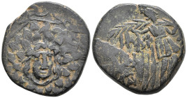 Pontos, Amisos Æ 20mm. Time of Mithradates VI Eupator, circa 111-105 or 95-90 BC. Aegis / Nike advancing to right, holding palm over shoulder; AMI-ΣO[...