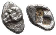 Troas, Kebren AR obol. 5th century BC. Ram's head to left / Quadripartite incuse square. Unpublished; CNG e390, 134; cf. SNG Ashmolean 1076-7 . SNG Co...