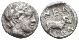 Troas, Neandria AR Obol. Circa 4th century BC. Laureate head of Apollo right / NEAN, Ram standing right in shallow incuse square. SNG München 293; SNG...