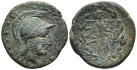 Troas, Ilion, c. 95-87 BC. Æ17mm. Helmeted head of Athena r. R/ Athena Ilias walking r.; grain ear before; all within olive-wreath. Bellinger T100. 3,...