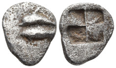 Mysia, Kyzikos AR Obol. c. 525-475. Dolphin l. above tunny / Four-part incuse square. Cf. CNG 240, lot 197. 0.39g, 7,8mm. VF