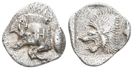 Mysia, Kyzikos AR Obol. Circa 450-400 BC. Forepart of boar to left, Ǝ on shoulder, tunny fish upwards behind / Head of roaring lion to left within inc...