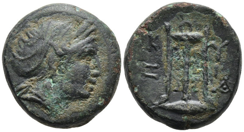 Mysia, Kyzikos Æ 17mm. 3rd century BC. Head of Kore Soteira to right, wearing oa...