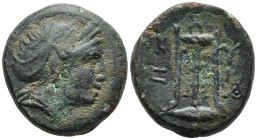 Mysia, Kyzikos Æ 17mm. 3rd century BC. Head of Kore Soteira to right, wearing oak wreath, her hair in sphendone / Tripod; KYZ[I] across fields, uncert...