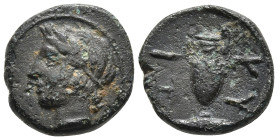 Mysia. Kyzikos circa 350-300 BC. Bronze Æ 9mm.Laureate head of Apollo left / KY-Z (like H) I, amphora, below, tunny right. Von Fritze, Nomisma X, Kyzi...