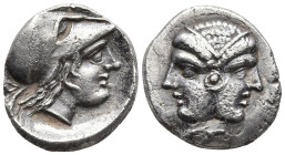 Mysia, Lampsakos. 4th-3rd centuries BC. AR Diobol Janiform female head / Head of Athena right, wearing crested Corinthian helmet; symbol, if any, off ...