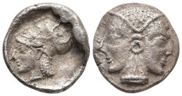 Mysia, Lampsakos AR Obol. Circa 500-450 BC. Janiform female head / Head of Athena to left, wearing Corinthian helmet, all within incuse square. Baldwi...