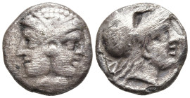 Mysia, Lampsakos. 4th-3rd centuries BC. AR Diobol Janiform female head / Head of Athena right, wearing crested Corinthian helmet; symbol, if any, off ...