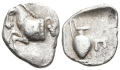 Islands off Mysia, Prokonnesos AR Hemiobol. Circa 450-425 BC. Forepart of horse to left; A on shoulder, [grape bunch to right] / Oinochoe; Π to right....