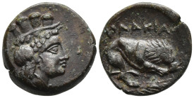 Mysia, Plakia Æ12. 4th century BC. Head of Kybele right / ΠΛΑΚΙΑ, Lion standing right on grain ear, devouring prey. SNG France 2378-82; SNG Copenhagen...