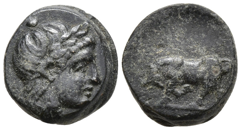 Mysia, Gambrion. 4th century BC. Æ 9mm, Laureate head of Apollo right / Bull but...