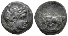 Mysia, Gambrion. 4th century BC. Æ 9mm, Laureate head of Apollo right / Bull butting left. SNG France 896-899; SNG Copenhagen 1,11g, 9,8mm. 156. VF, d...