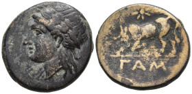 Mysia, Gambrion. Circa 4th century BC. Æ 16mm. Laureate head of Apollo left / Bull left; star above. SNG France 906; SNG Copenhagen 154. 3,48g, 15,9mm...