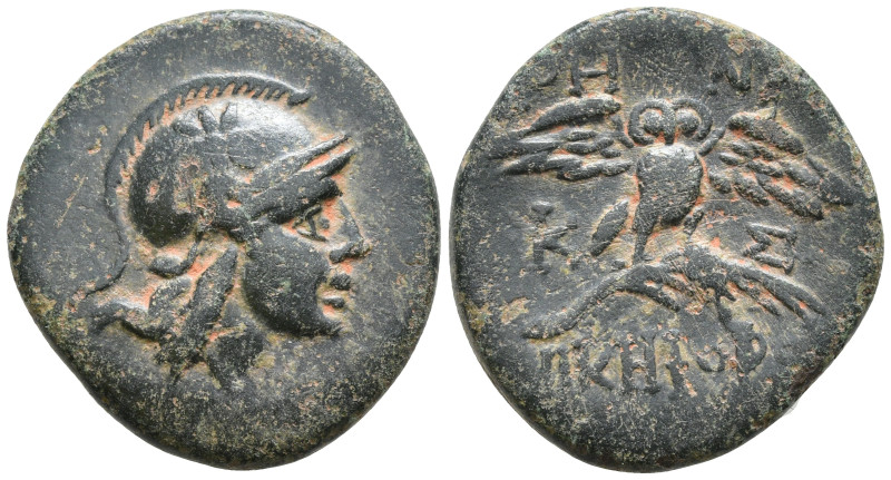 Mysia, Pergamon Æ 17mm. Circa 200-133 BC. Helmeted head of Athena to right; helm...