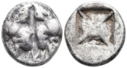 Lesbos, Unattributed early mint. 5th century BC. AR 1/12 Stater. Confronted boar's heads / Incuse square punch divided diagonally. SNG von Aulock 7712...