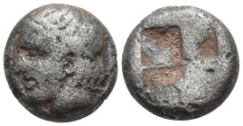 Lesbos, Uncertain mint. Circa 550-480 BC. AR Eighth Stater. Head of Apollo left, wearing tainia / Quadripartite incuse square. SNG Copenhagen –; BMC 5...