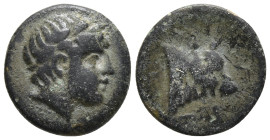 Lesbos, Mytilene. Ca. 440-400 B.C. AE 9mm. Laureate head of Apollo right / MY / TI, bull's head right. BMC 5; HGC 6, 1057. Near VF, 0,55g, 9,8mm, gree...