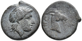 Aeolis, Aigai Æ 15mm. Circa 3rd century BC. Laureate head of Apollo to right / Head and neck of a goat to right, AIΓAE behind. BMC 2-4; SNG Copenhagen...