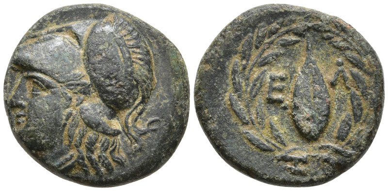 Aeolis, Elaia Æ 15mm. Circa 340-300 BC. Helmeted head of Athena to left / Grain ...