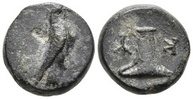 Aeolis. Kyme circa 350-250 BC. Bronze Æ 10mm. Forepart of horse right, KY ΑΝΔΡΟΤΕΛΗΣ / Skyphos, monogram in left field. very fine Leake Asia 48 (for m...