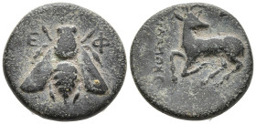 Ionia, Ephesos Æ 10mm. Circa 390-320/00 BC. Uncertain magistrate. Bee, seen from above; [E-Φ] across upper fields / OΔAΣ(?), stag kneeling to left, he...
