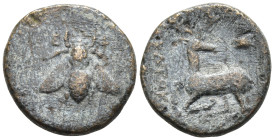 Ionia, Ephesos Æ 10mm. Circa 390-320/00 BC. Uncertain magistrate. Bee, seen from above; [E-Φ] across upper fields / OΔAΣ(?), stag kneeling to left, he...